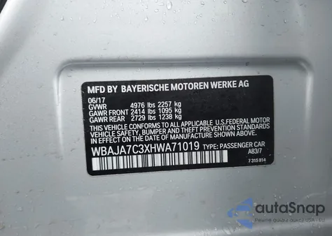 2017 BMW 530I xDrive из США, поврежденный, VIN WBAJA7C3XHWA71019